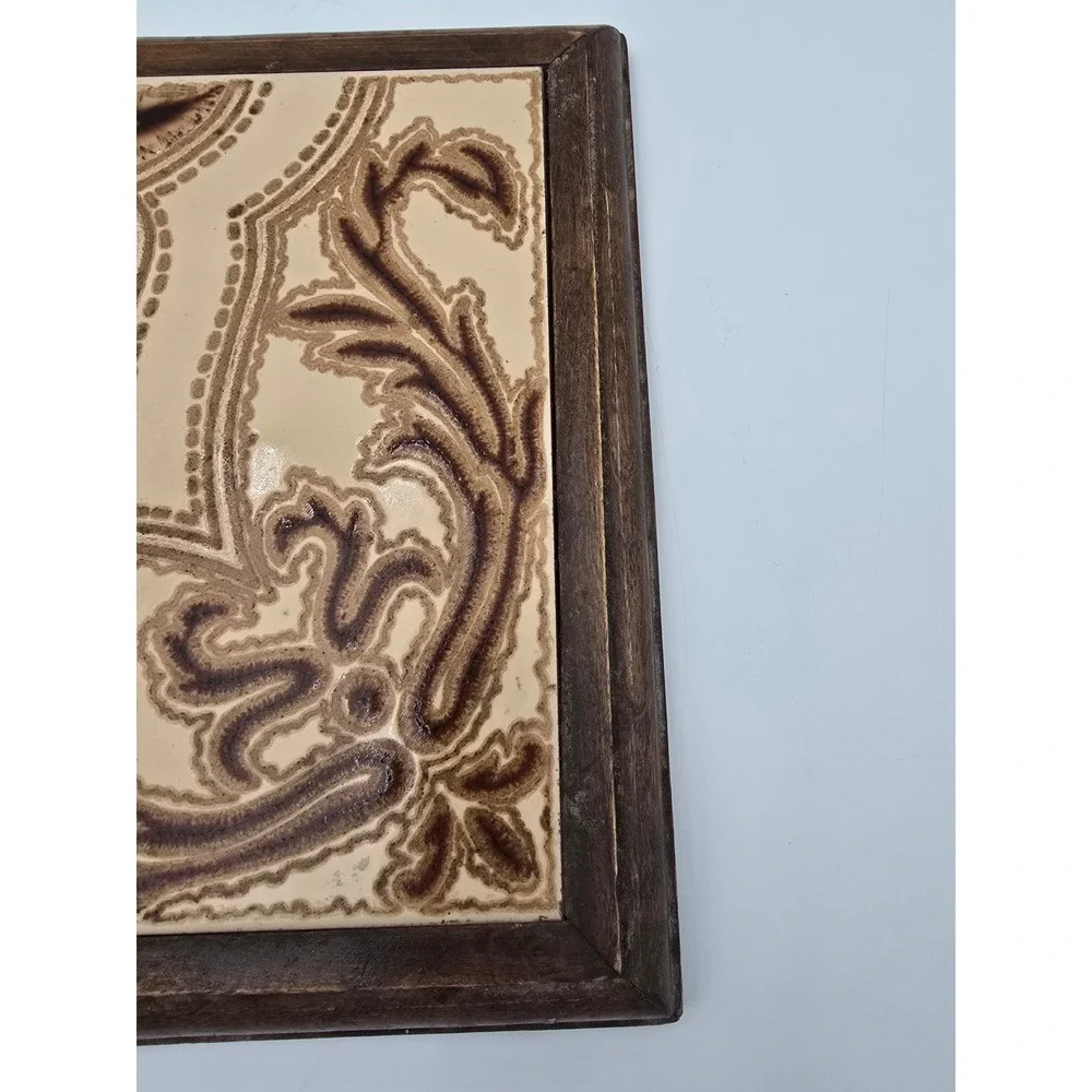 Vintage Framed Ceramic‎ Tile Made in Italy Brown Floral Scroll 9.25in